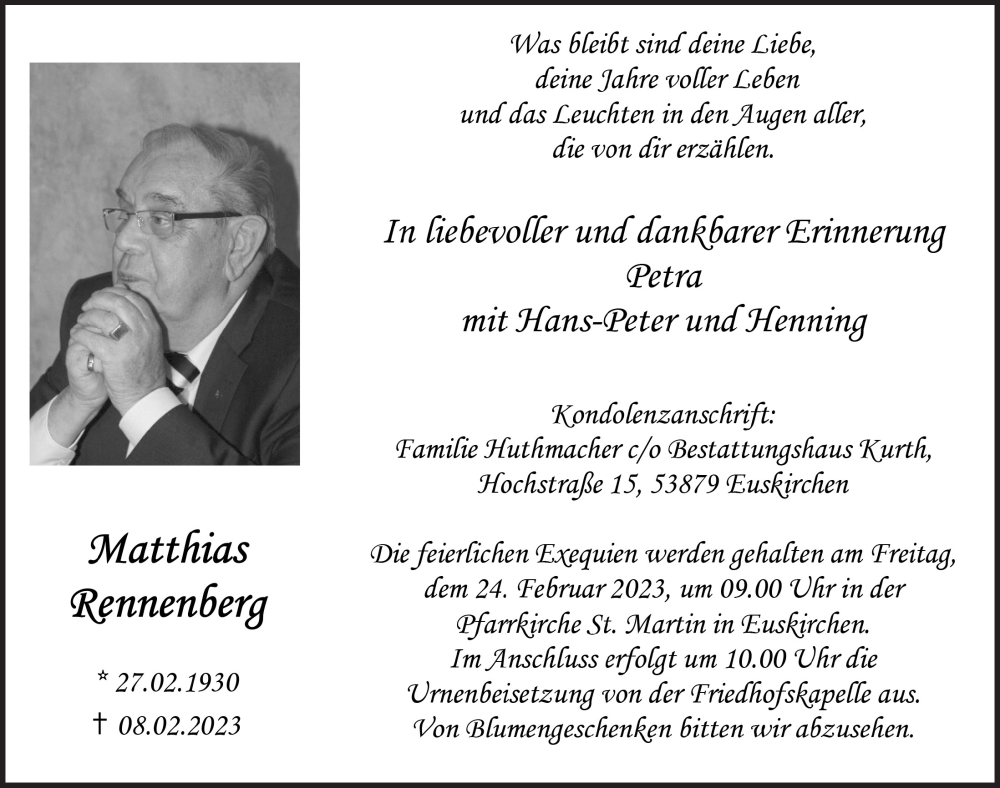  Traueranzeige für Matthias Rennenberg vom 18.02.2023 aus  Blickpunkt Euskirchen 