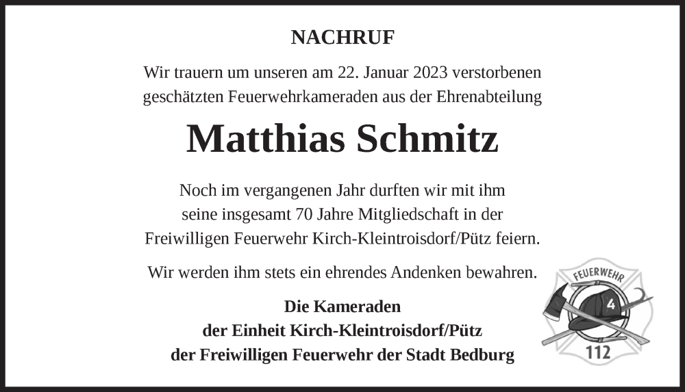  Traueranzeige für Matthias Schmitz vom 17.02.2023 aus  Werbepost 