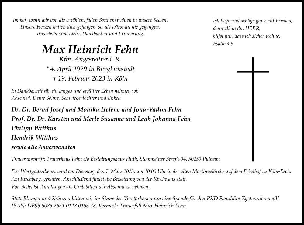  Traueranzeige für Max Heinrich Fehn vom 25.02.2023 aus Kölner Stadt-Anzeiger / Kölnische Rundschau / Express