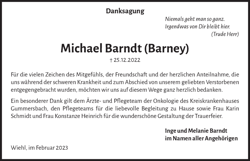  Traueranzeige für Michael Barndt vom 10.02.2023 aus  Anzeigen Echo 