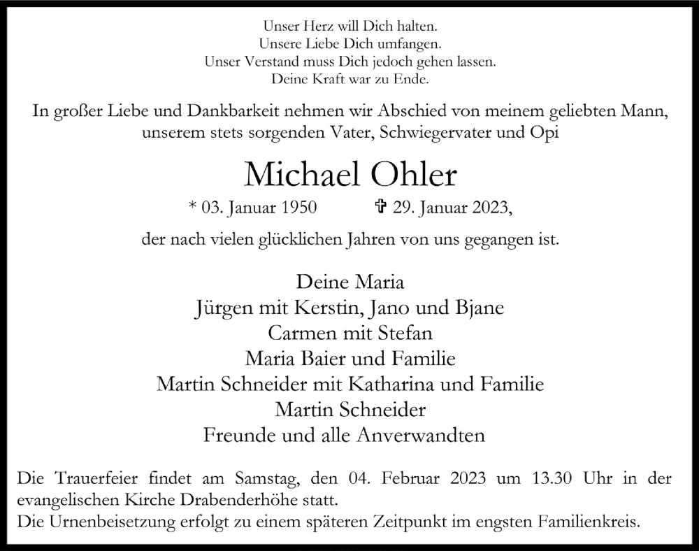  Traueranzeige für Michael Ohler vom 03.02.2023 aus  Anzeigen Echo 