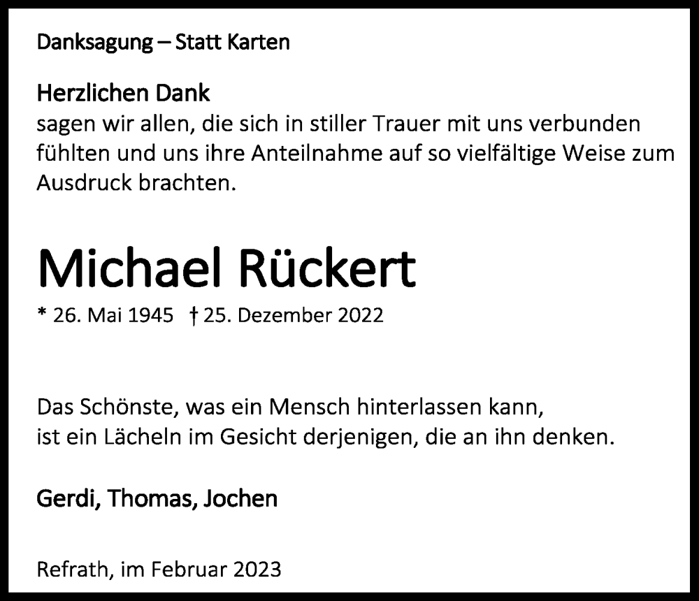 Traueranzeige für Michael Rückert vom 18.02.2023 aus Kölner Stadt-Anzeiger / Kölnische Rundschau / Express