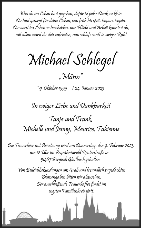 Anzeige von Michael Schlegel von Kölner Stadt-Anzeiger / Kölnische Rundschau / Express