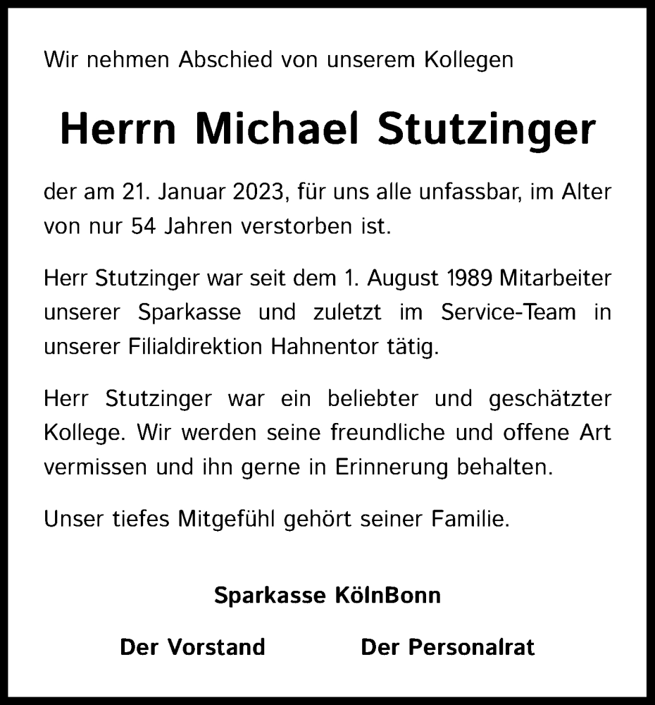  Traueranzeige für Michael Stutzinger vom 03.02.2023 aus Kölner Stadt-Anzeiger / Kölnische Rundschau / Express