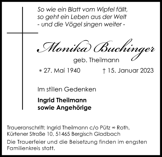 Anzeige von Monika Buchinger von Kölner Stadt-Anzeiger / Kölnische Rundschau / Express