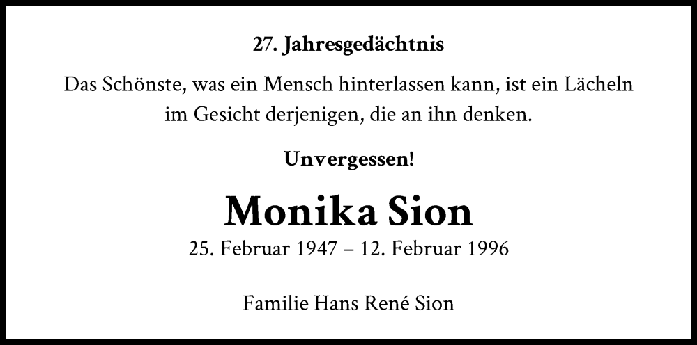  Traueranzeige für Monika Sion vom 11.02.2023 aus Kölner Stadt-Anzeiger / Kölnische Rundschau / Express