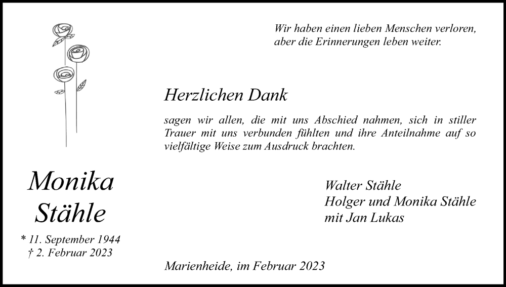  Traueranzeige für Monika Stähle vom 25.02.2023 aus Kölner Stadt-Anzeiger / Kölnische Rundschau / Express