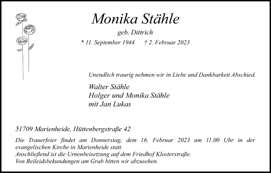 Anzeige von Monika Stähle von Kölner Stadt-Anzeiger / Kölnische Rundschau / Express