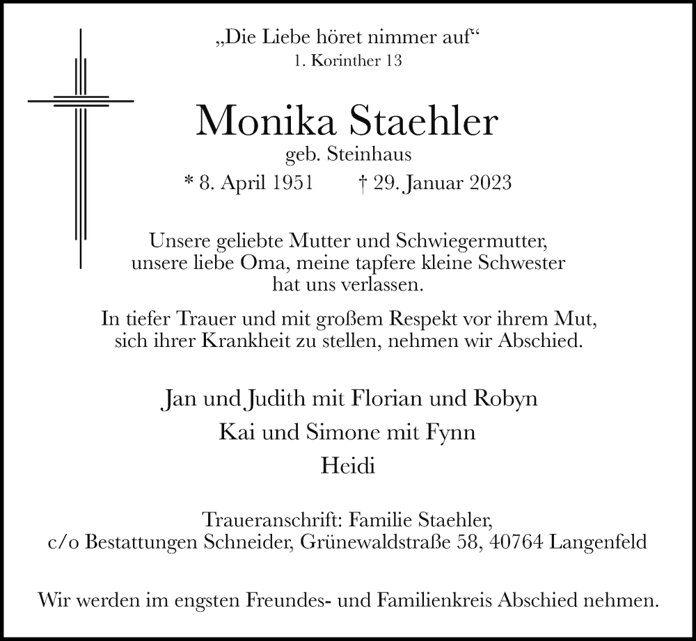  Traueranzeige für Monika Staehler vom 04.02.2023 aus Kölner Stadt-Anzeiger / Kölnische Rundschau / Express