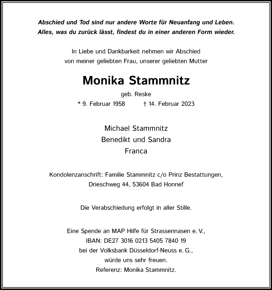  Traueranzeige für Monika Stammnitz vom 18.02.2023 aus Kölner Stadt-Anzeiger / Kölnische Rundschau / Express