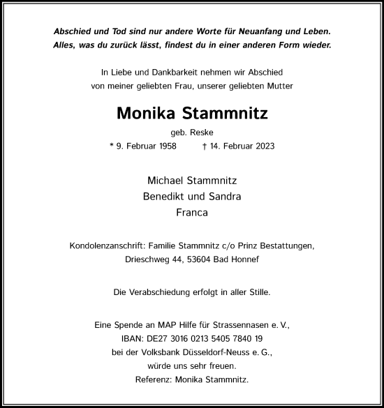 Anzeige von Monika Stammnitz von Kölner Stadt-Anzeiger / Kölnische Rundschau / Express