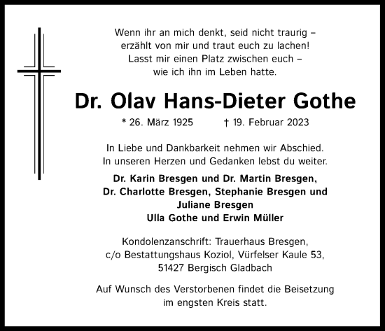Anzeige von Olav Hans-Dieter Gothe von Kölner Stadt-Anzeiger / Kölnische Rundschau / Express