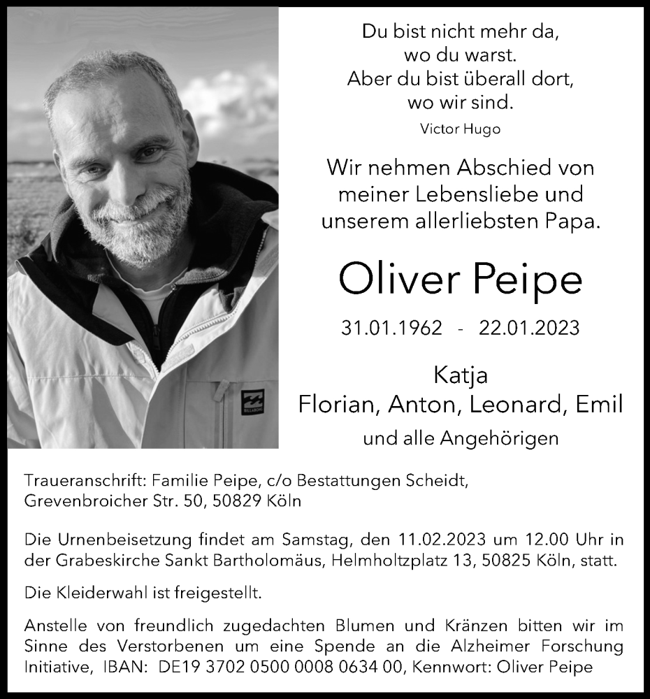  Traueranzeige für Oliver Peipe vom 04.02.2023 aus Kölner Stadt-Anzeiger / Kölnische Rundschau / Express