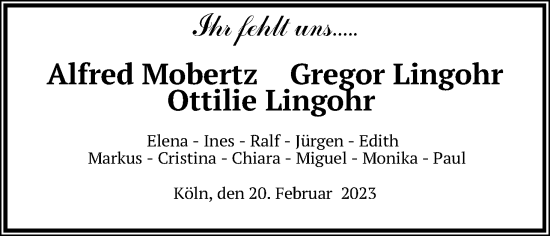Anzeige von Ottilie Lingohr von Kölner Stadt-Anzeiger / Kölnische Rundschau / Express