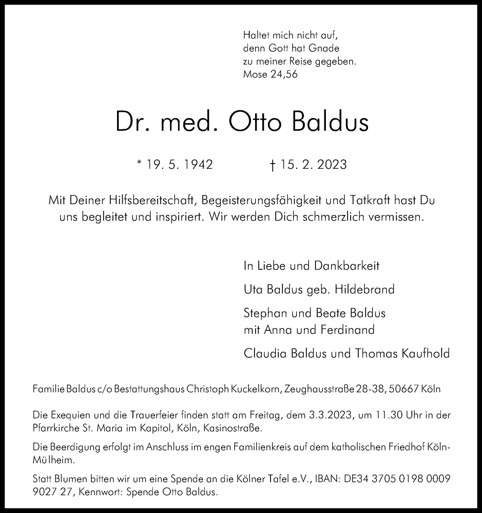  Traueranzeige für Otto Baldus vom 25.02.2023 aus Kölner Stadt-Anzeiger / Kölnische Rundschau / Express