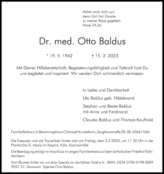 Anzeige von Otto Baldus von Kölner Stadt-Anzeiger / Kölnische Rundschau / Express