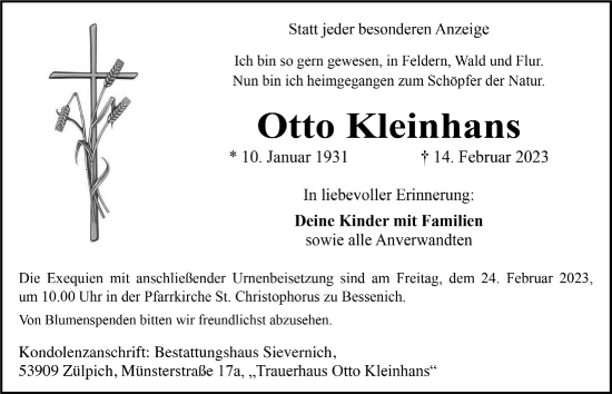Anzeige von Otto Kleinhans von  Blickpunkt Euskirchen 