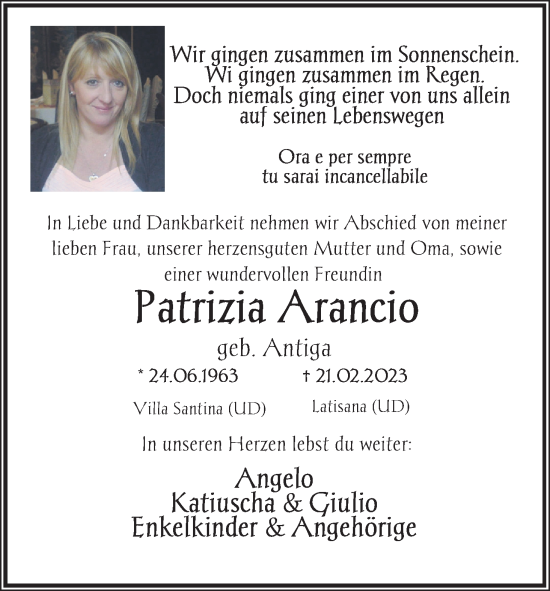 Anzeige von Patrizia Arancio von Kölner Stadt-Anzeiger / Kölnische Rundschau / Express
