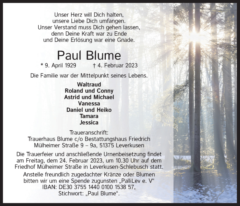  Traueranzeige für Paul Blume vom 18.02.2023 aus Kölner Stadt-Anzeiger / Kölnische Rundschau / Express