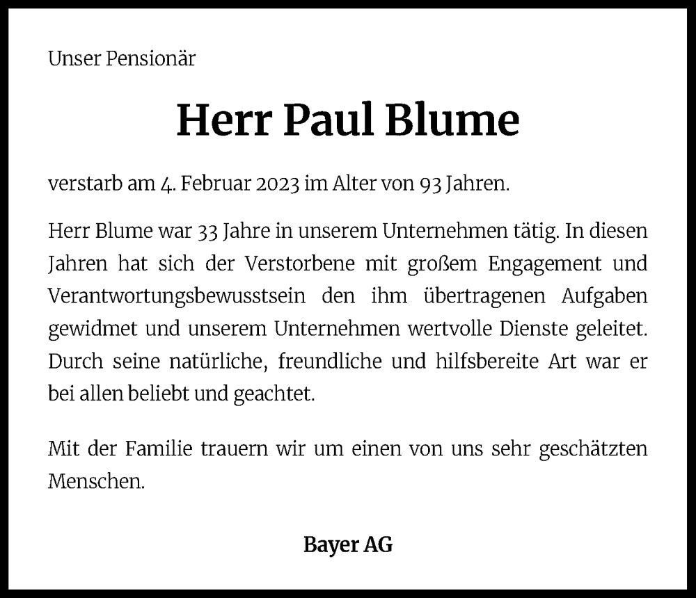  Traueranzeige für Paul Blume vom 18.02.2023 aus Kölner Stadt-Anzeiger / Kölnische Rundschau / Express