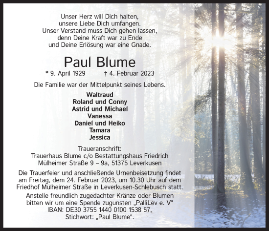 Anzeige von Paul Blume von Kölner Stadt-Anzeiger / Kölnische Rundschau / Express