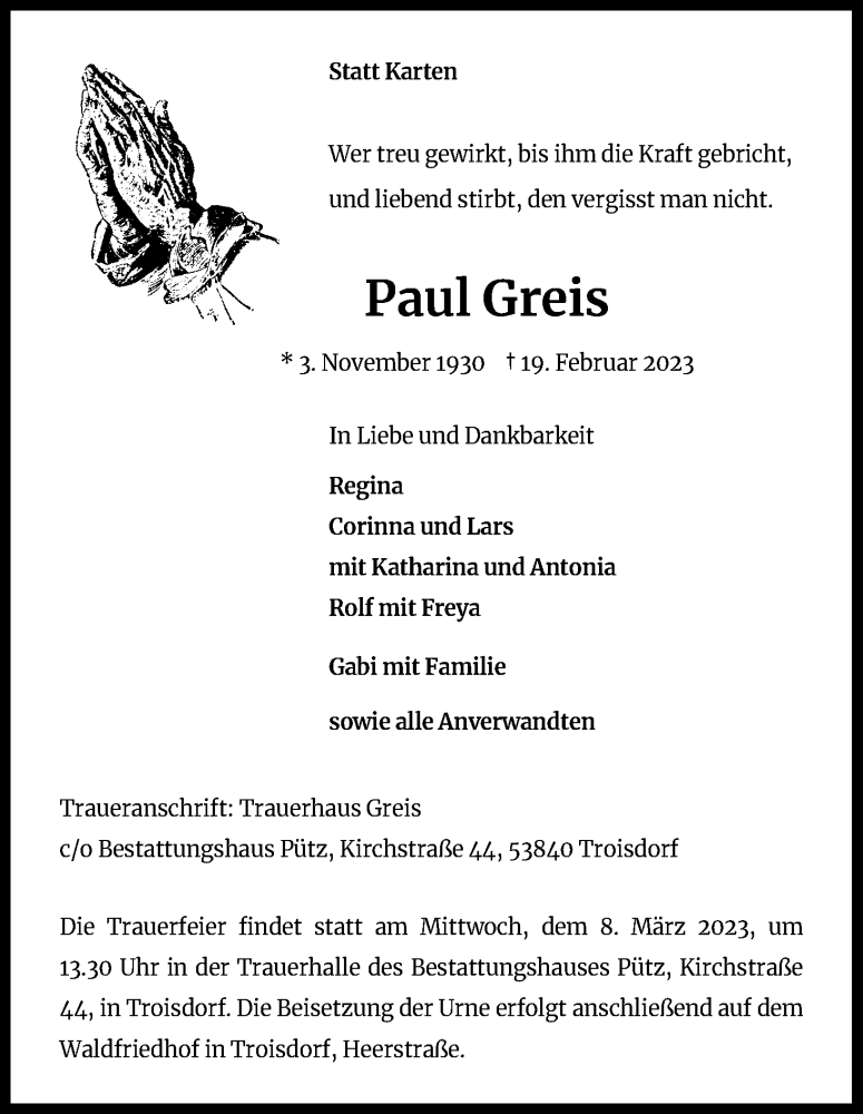  Traueranzeige für Paul Greis vom 25.02.2023 aus Kölner Stadt-Anzeiger / Kölnische Rundschau / Express