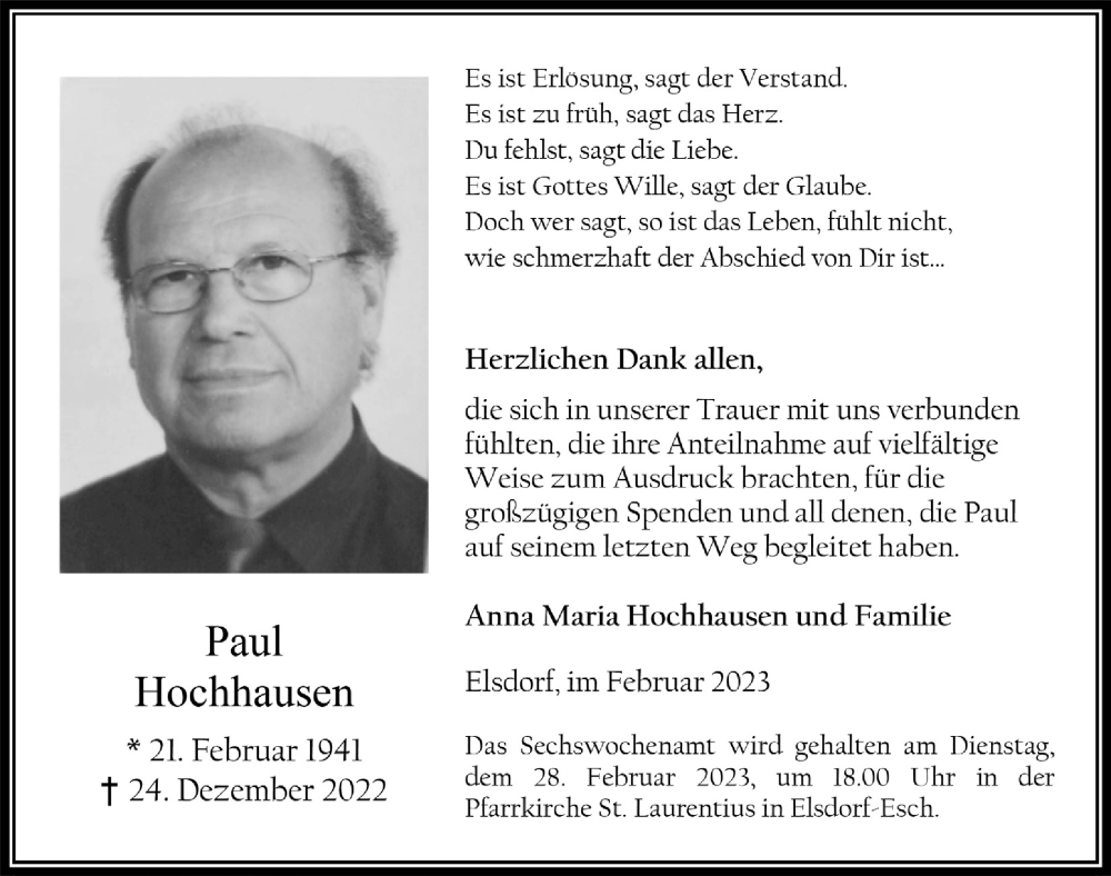  Traueranzeige für Paul Hochhausen vom 17.02.2023 aus  Werbepost 