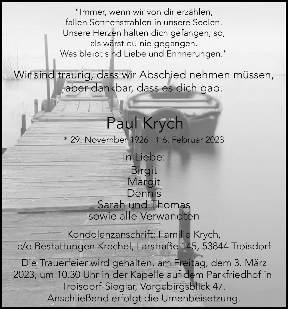  Traueranzeige für Paul Krych vom 18.02.2023 aus Kölner Stadt-Anzeiger / Kölnische Rundschau / Express