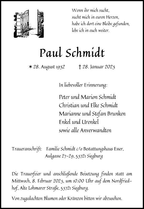 Anzeige von Paul Schmidt von Kölner Stadt-Anzeiger / Kölnische Rundschau / Express