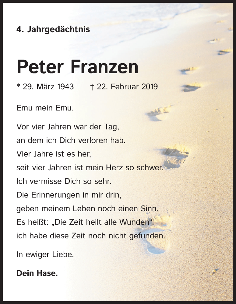  Traueranzeige für Peter Franzen vom 22.02.2023 aus Kölner Stadt-Anzeiger / Kölnische Rundschau / Express