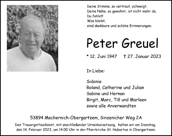 Anzeige von Peter Greuel von  Blickpunkt Euskirchen 