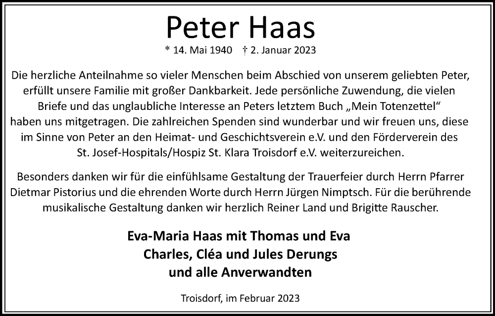  Traueranzeige für Peter Haas vom 18.02.2023 aus Kölner Stadt-Anzeiger / Kölnische Rundschau / Express
