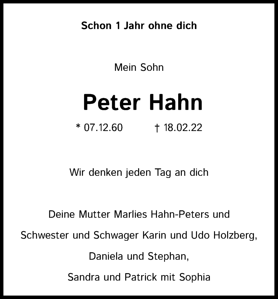 Traueranzeige für Peter Hahn vom 18.02.2023 aus Kölner Stadt-Anzeiger / Kölnische Rundschau / Express