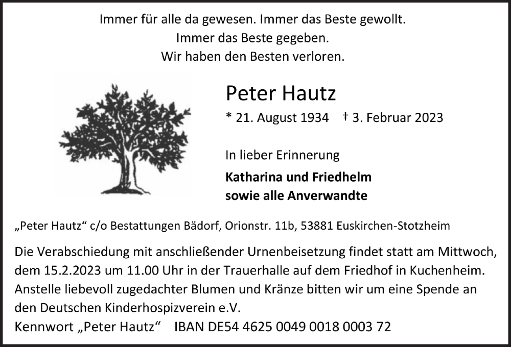  Traueranzeige für Peter Hautz vom 11.02.2023 aus  Blickpunkt Euskirchen 