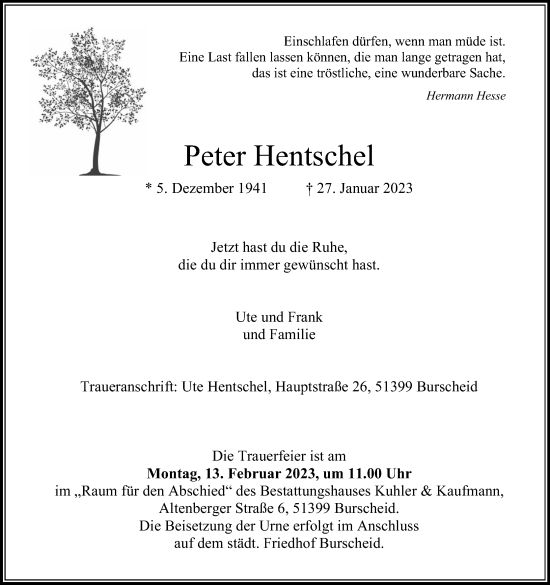 Anzeige von Peter Hentschel von Kölner Stadt-Anzeiger / Kölnische Rundschau / Express