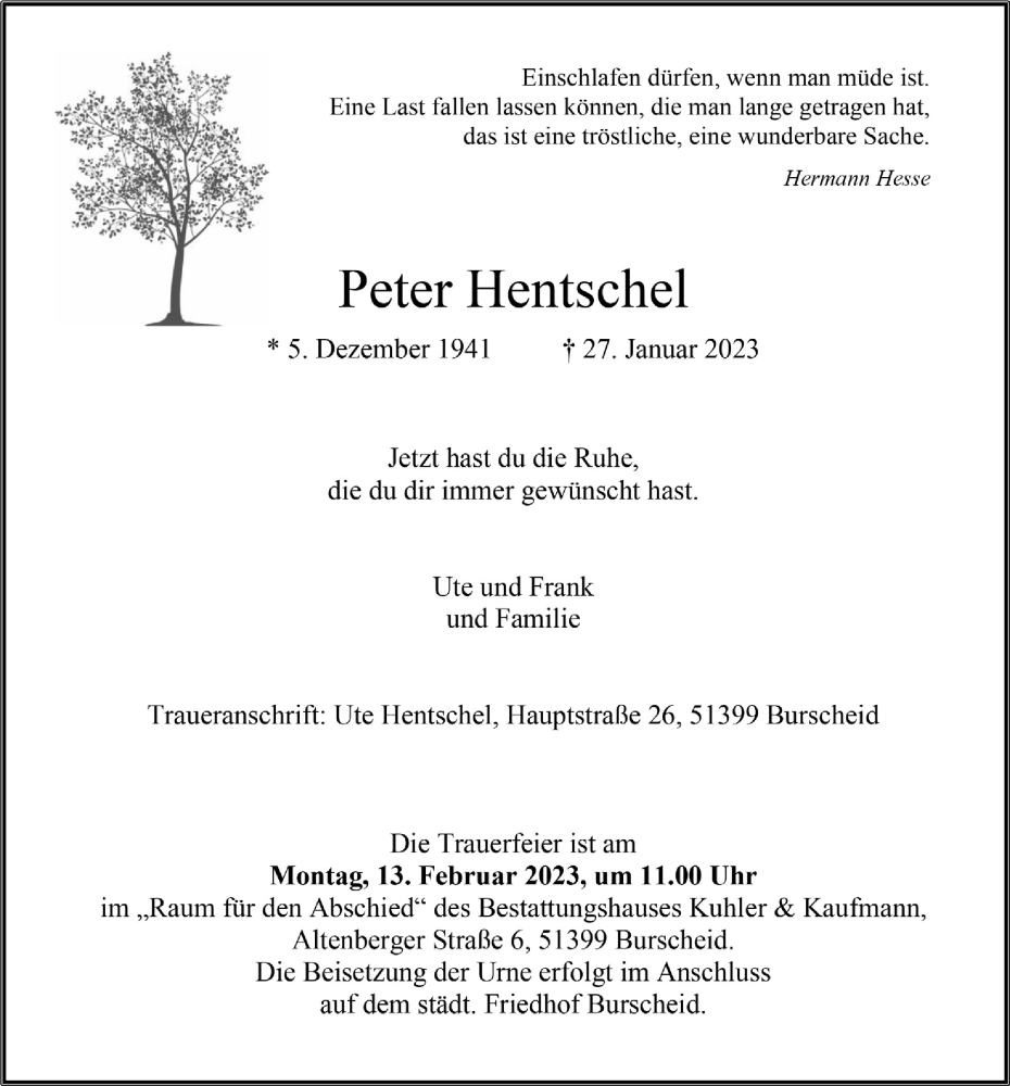  Traueranzeige für Peter Hentschel vom 03.02.2023 aus  Lokale Informationen 