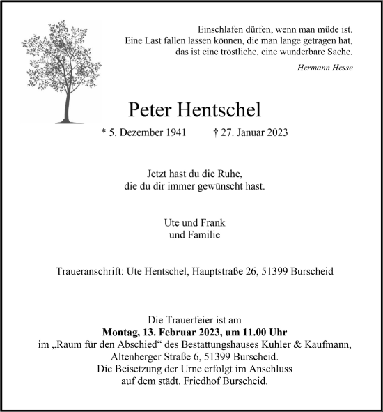 Anzeige von Peter Hentschel von  Lokale Informationen 