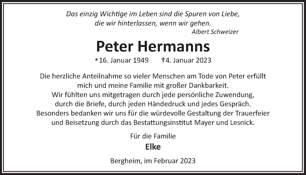  Traueranzeige für Peter Hermanns vom 24.02.2023 aus  Werbepost 