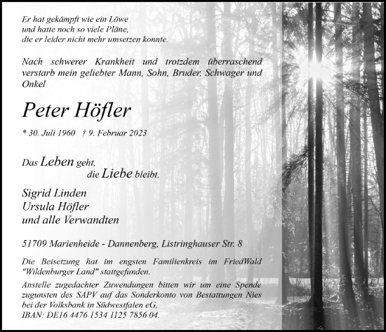 Anzeige von Peter Höfler von  Anzeigen Echo 