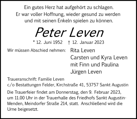 Anzeige von Peter Leven von  Extra Blatt 