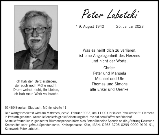 Anzeige von Peter Lubetzki von Kölner Stadt-Anzeiger / Kölnische Rundschau / Express