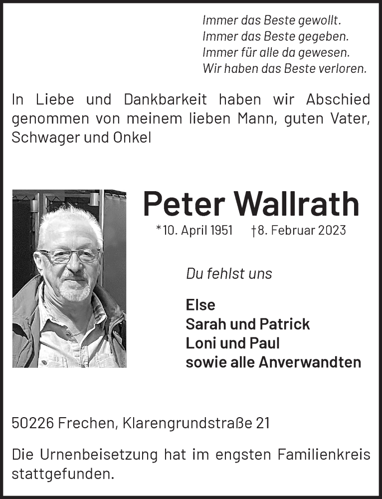  Traueranzeige für Peter Wallrath vom 24.02.2023 aus  Wochenende 