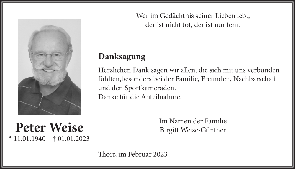  Traueranzeige für Peter Weise vom 03.02.2023 aus  Werbepost 