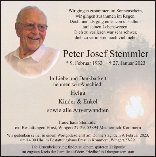 Anzeige von Peter Josef Stemmler von  Blickpunkt Euskirchen 