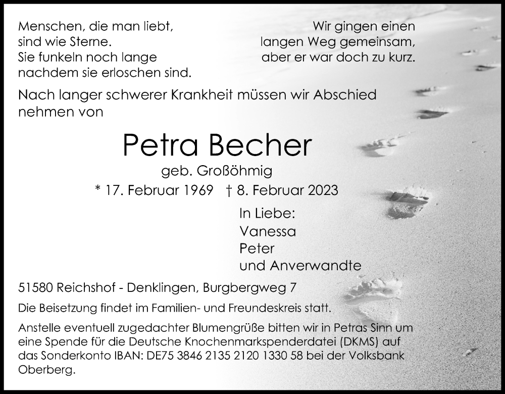  Traueranzeige für Petra Becher vom 18.02.2023 aus Kölner Stadt-Anzeiger / Kölnische Rundschau / Express