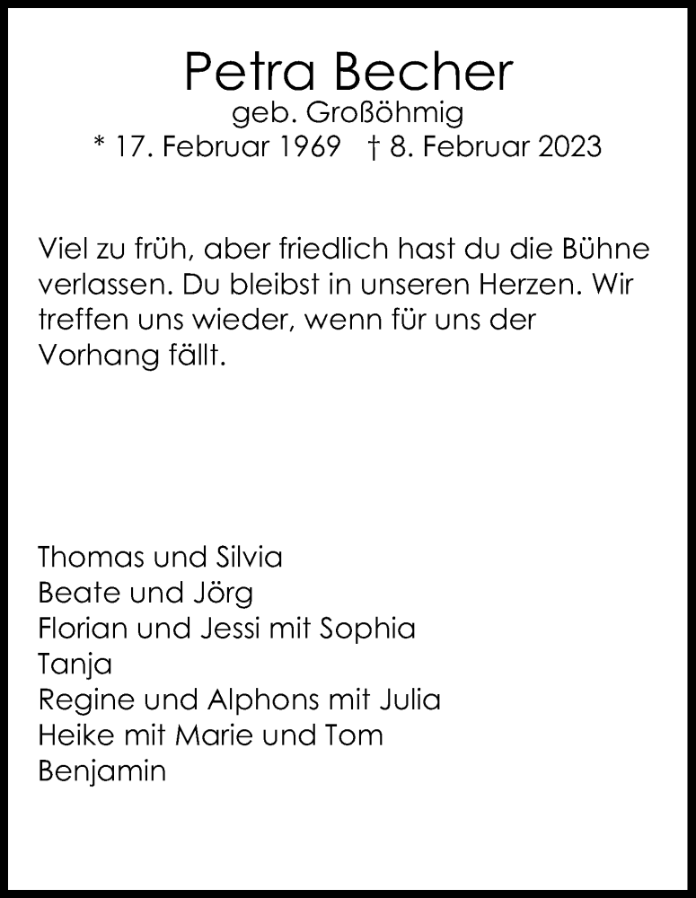  Traueranzeige für Petra Becher vom 18.02.2023 aus Kölner Stadt-Anzeiger / Kölnische Rundschau / Express