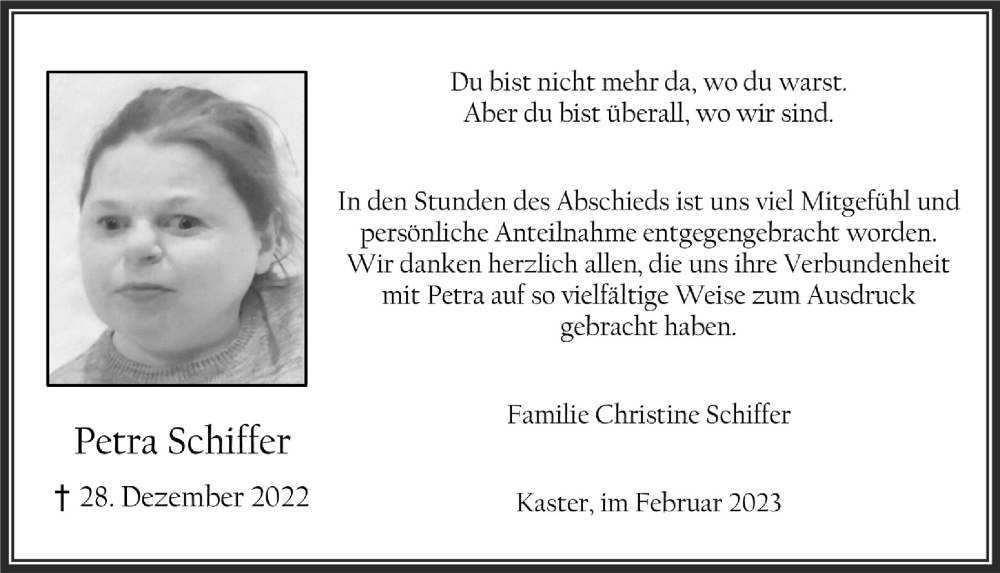  Traueranzeige für Petra Schiffer vom 10.02.2023 aus  Werbepost 