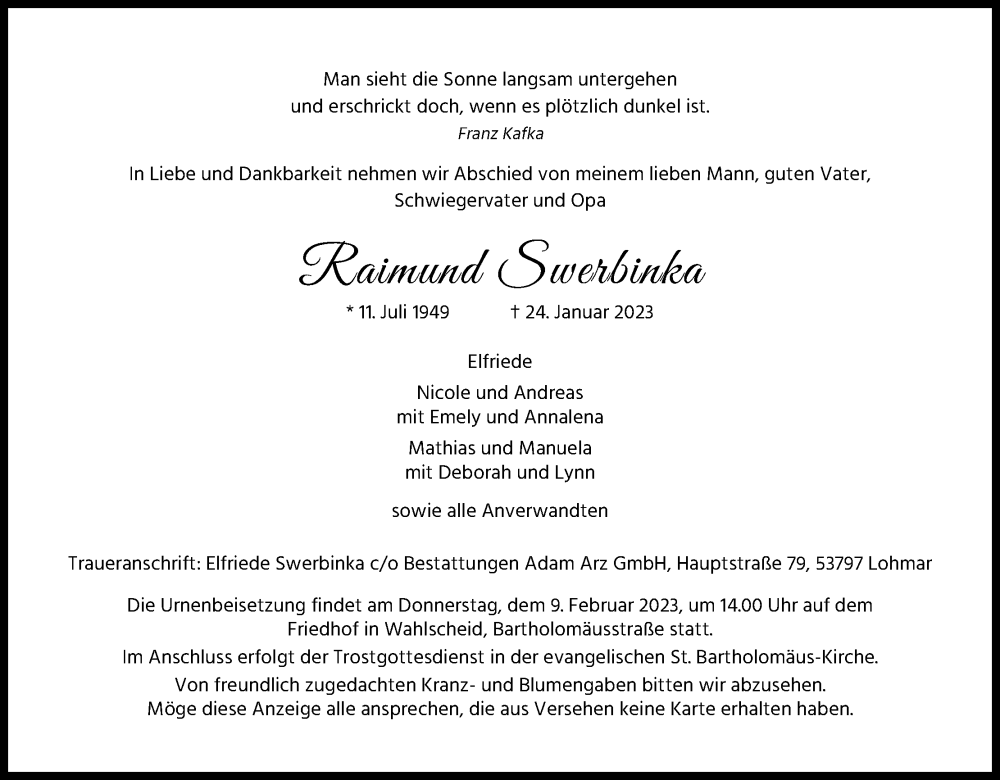  Traueranzeige für Raimund Swerbinka vom 04.02.2023 aus Kölner Stadt-Anzeiger / Kölnische Rundschau / Express