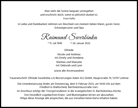 Anzeige von Raimund Swerbinka von Kölner Stadt-Anzeiger / Kölnische Rundschau / Express