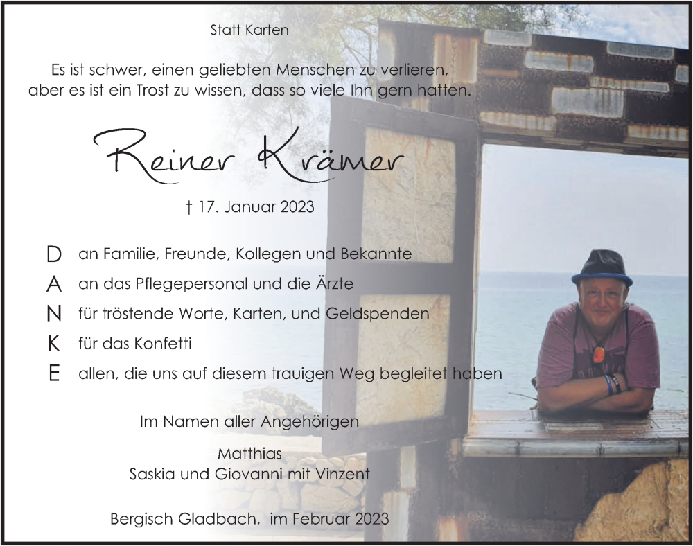  Traueranzeige für Reiner Krämer vom 17.02.2023 aus  Bergisches Handelsblatt 